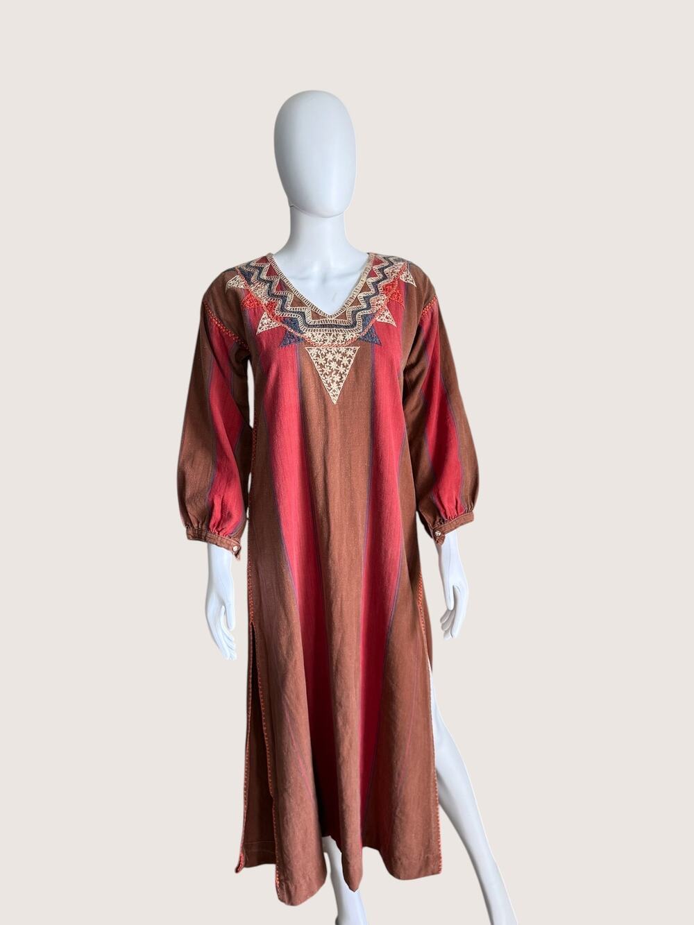 Vintage Gonzalo Bauer Brown Stripe Boho Maxi Dress Embroidered Neck